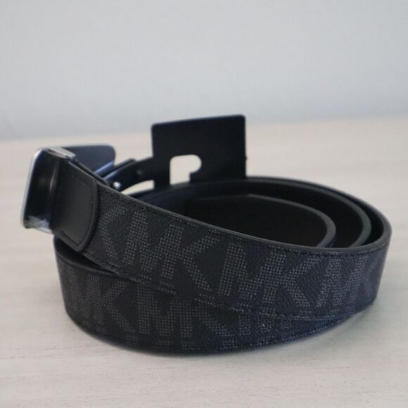 Michael Kors 86S3SBLY7B Men's Sz 36 Black MK Print - Silver MK Plaque Belt - Picture 3 of 9